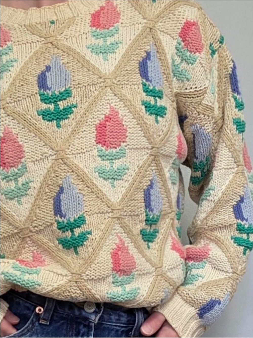 NWT ORVIS VINTAGE DEADSTOCK TULIP PULLOVER CREWNECK SWEATER CREAM SPRING MEDIUM